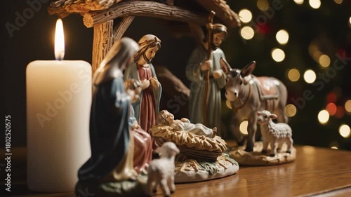 Nativity scene with figurines, candlelight, and Christmas tree background  