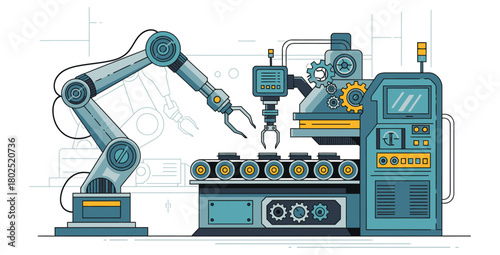 Automated robotic arm working on a conveyor belt in a modern factory illustration