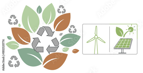 Sustainable energy solutions featuring wind turbine solar panel and recycling symbols