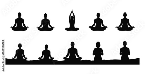 Silhouettes of people in various yoga poses meditating for wellness and relaxation