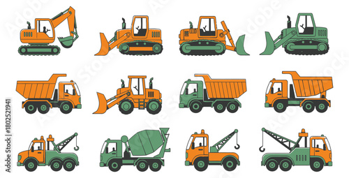 Collection of construction vehicles including excavators trucks and cement mixers