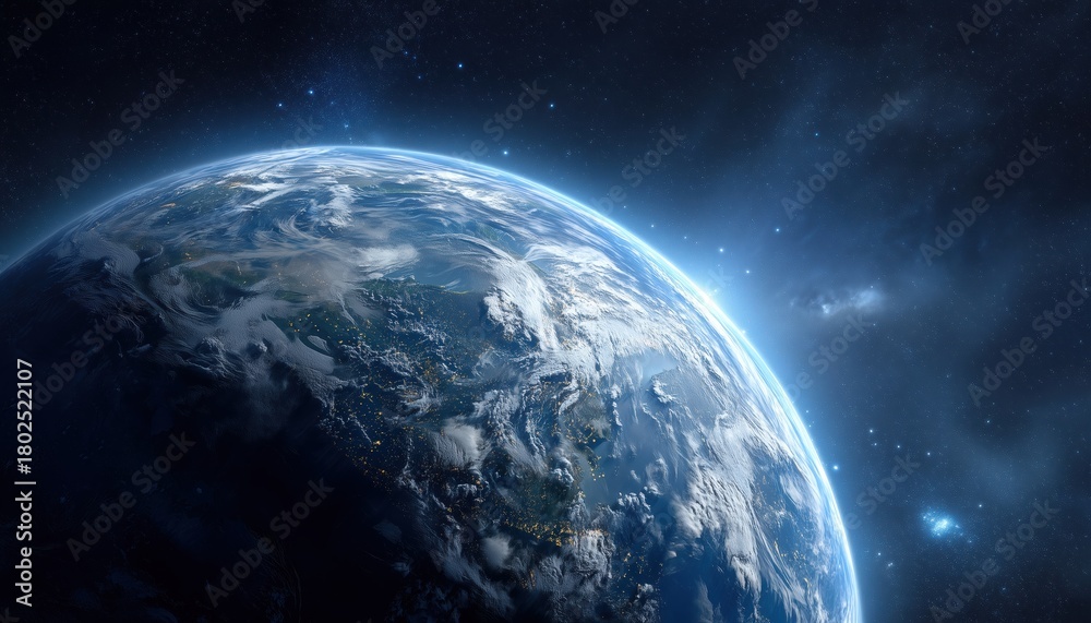 Fototapeta premium Photography Of A Realistic Earth-Like Planet With A Blue Atmosphere And Space Background. Stunning Images Of The Cosmos.