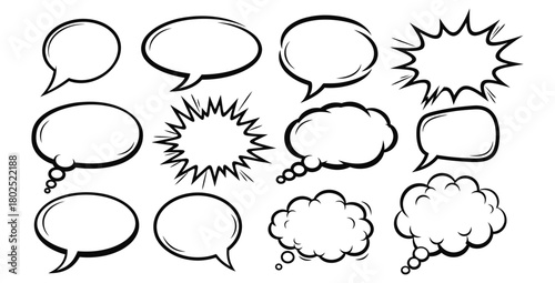Collection of comic speech bubbles and thought balloons in black and white vector art
