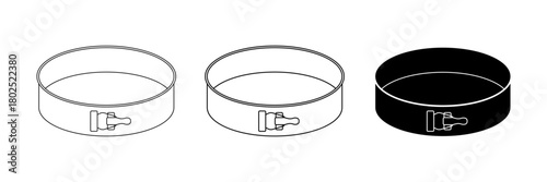 Clean and modern set of icons representing a cake pan - cake tin. Ideal for projects focused on cooking, baking equipment, culinary instructions, or food industry branding.