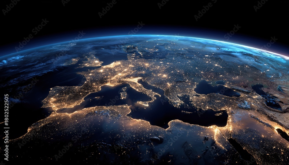 Obraz premium Stunning Views Of Africa, Europe, And Asia At Night From Space With City Lights: Italy, Germany, France, Spain, And More!
