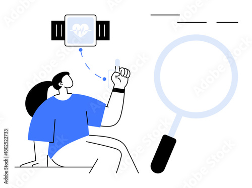 Person checks health data from smartwatch with magnifying glass nearby. Ideal for fitness, health tracking, technology, data analysis, innovation, wearable tech, lifestyle. Simple flat metaphor