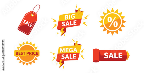 Collection of vibrant sale banners and promotional labels for marketing and advertising
