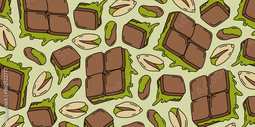 Background featuring pistachios and pistachio-flavored chocolates, ideal for food-related designs, product presentations, packaging, or advertising projects. For themes focused on nuts, sweets.