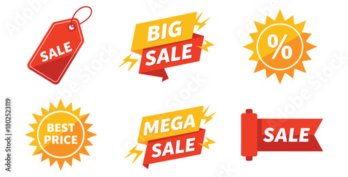 Collection of vibrant sale badges and banners for promotional marketing campaigns