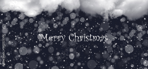 Clouds on the background of the night sky. Snow is falling. New Year's Christmas night. Merry Christmas. Card