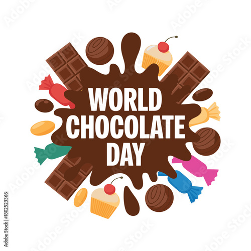 World Chocolate Day Illustration with Chocolate Splash, Bars, Candies and Sweet Treats – Dessert Celebration Design