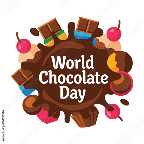 World Chocolate Day Illustration with Chocolate Splash, Candy, Cherries and Sweet Treats – Dessert Design