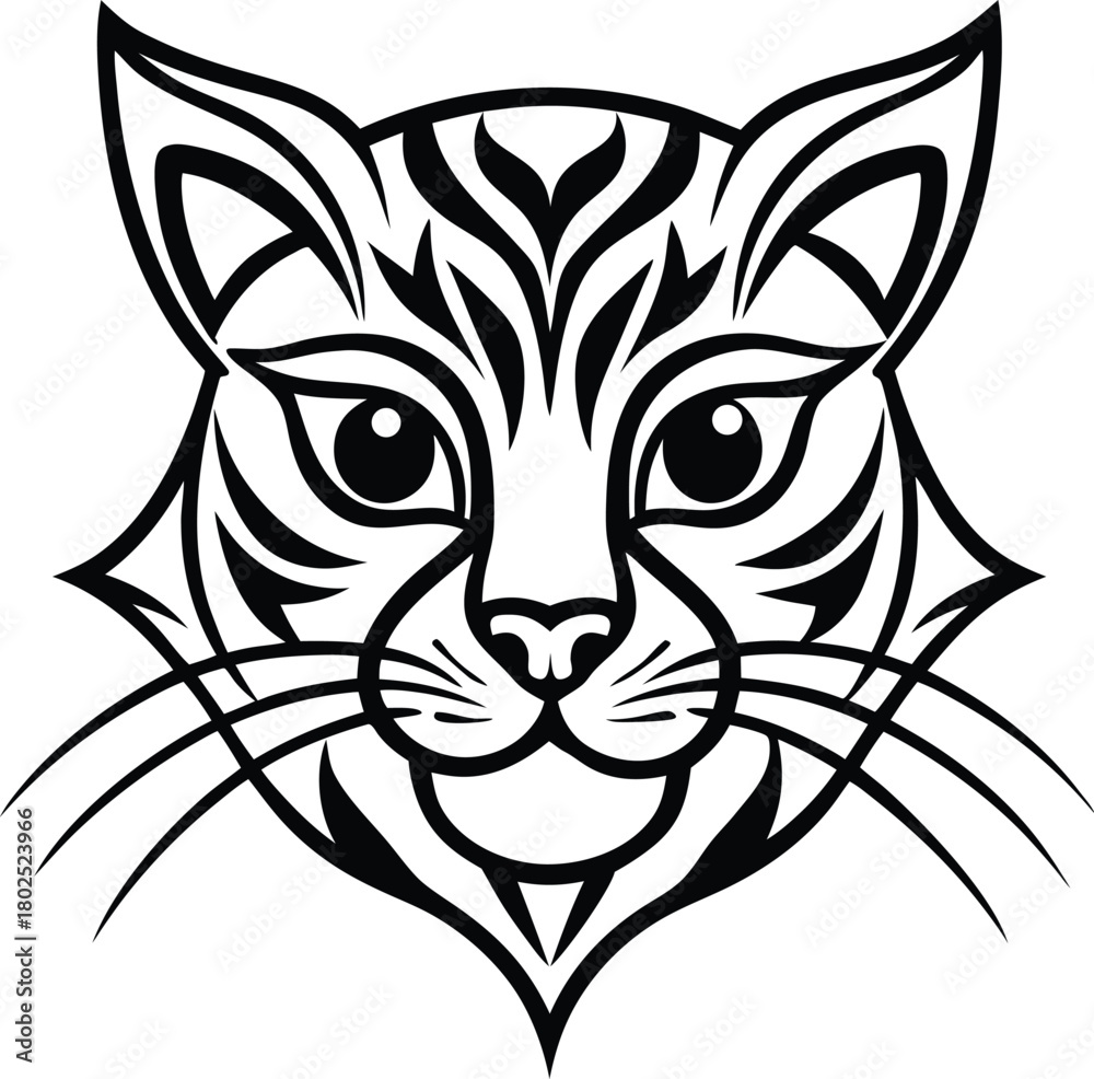 Fototapeta premium Stylized tribal cat face with bold black and white lines
