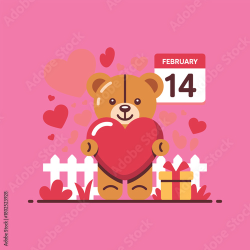 Cute Teddy Bear Holding Heart with Valentine Gift and February 14 Calendar – Love Illustration on Pink Background