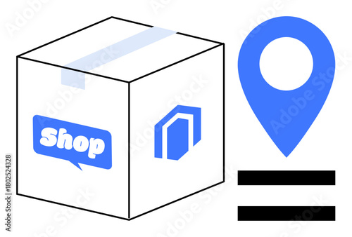 Package with shop label, blue geolocation pin, and bar lines emphasizing delivery, online shopping, shipment tracking, logistics planning, e-commerce, retail management, simple flat metaphor