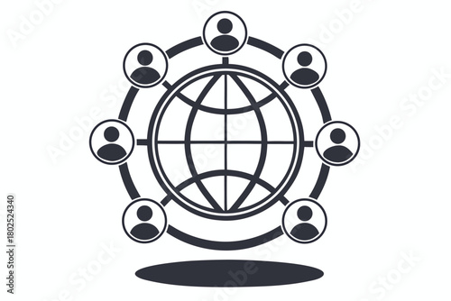 A globe sits at the center, surrounded by human profile icons connected by lines