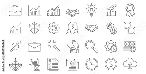 Business and finance line icons representing growth strategy and market analysis tools