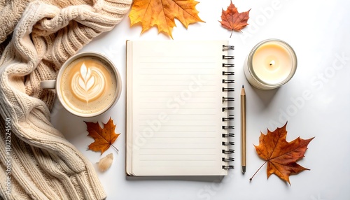 Cozy Autumn Still Life with Coffee, Candle, and Notebook.