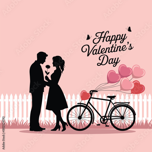 Romantic Valentine’s Day Couple with Heart Balloons and Bicycle Illustration