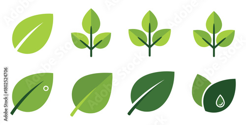 Collection of green leaf icons representing nature growth and environmental awareness