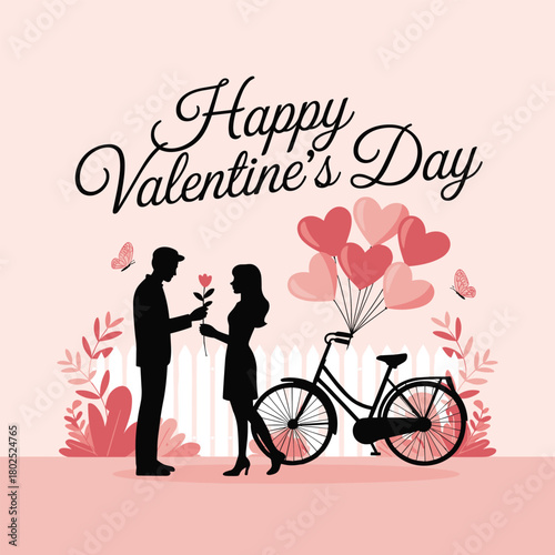 Romantic Valentine’s Day Couple with Heart Balloons and Bicycle Illustration