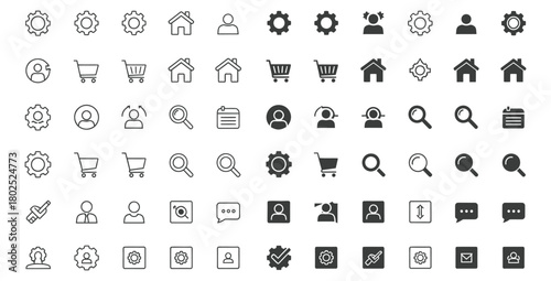 Collection of various vector icons representing settings users and ecommerce elements