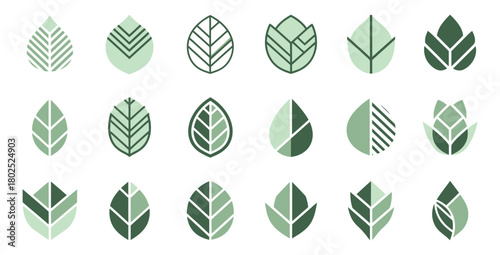 Collection of various green leaf icons and logos for eco friendly business branding use