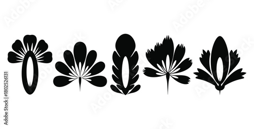Five stylized floral elements in black and white for graphic design and decoration use