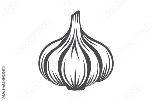 A monochrome garlic bulb showcases the layered structure and organic form in a minimalist style