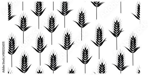 Seamless pattern of wheat stalks in black and white creates a rustic natural design