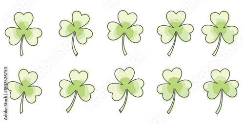 Ten watercolor shamrocks arranged in two rows on a white background for st patrick's day