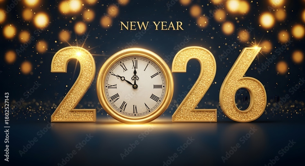Fototapeta premium Golden 2026 numbers with clock and bokeh lights