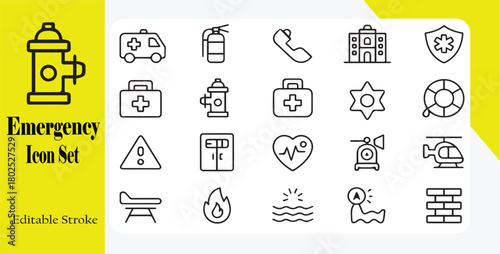 Emergency Service Symbols Representing Various Aspects of Medical Assistance and Safety With Ambulance and Fire Extinguisher