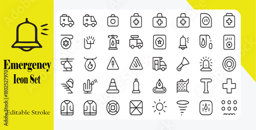 Healthcare and Medical Icons Depicting Emergency Services With Ambulance and First Aid