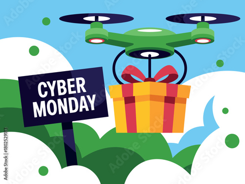 A drone delivers a gift box on Cyber Monday, symbolizing online shopping convenience.