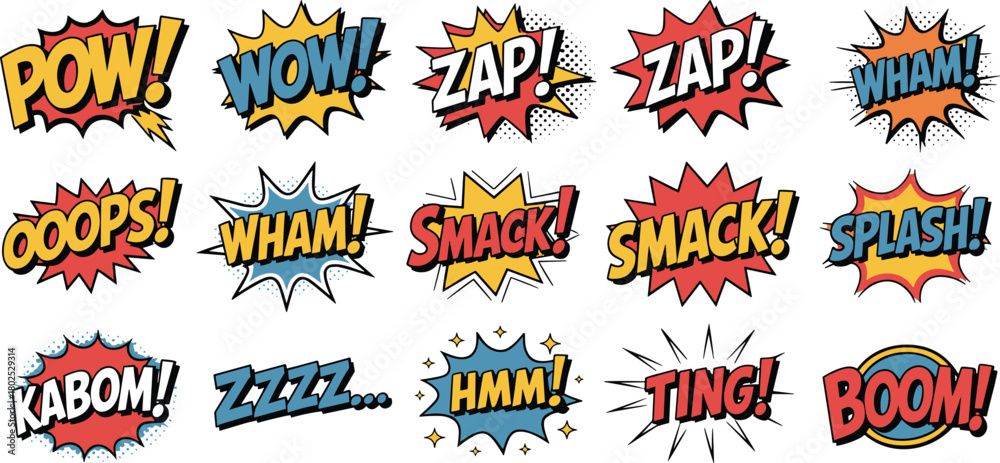 Obraz premium Comic sound effect illustration set, colorful action words, pop art style, dynamic expression graphics, cartoon impact design