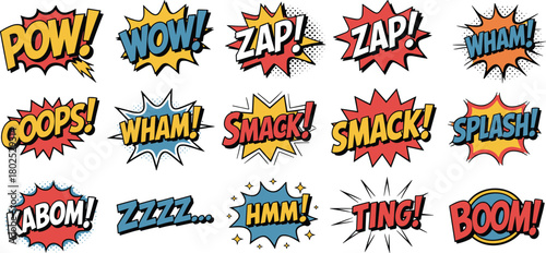 Comic sound effect illustration set, colorful action words, pop art style, dynamic expression graphics, cartoon impact design