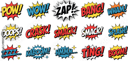 Comic sound effect illustration set, colorful onomatopoeia graphics, pop art action bursts, cartoon expression design elements