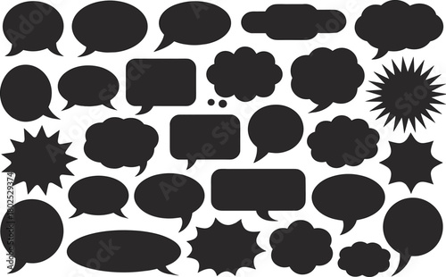Comic speech and thought bubble set, black outline shapes, starburst exclamation icons, graphic storytelling design elements