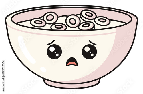 Sad kawaii cereal bowl illustration background, cute cartoon food