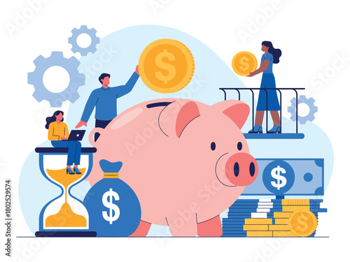 People are saving money by putting coins into a piggy bank and managing finances.