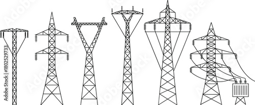 Electrical transmission tower set, high voltage pylons, power grid structures, transformer connection, energy infrastructure, utility engineering illustration