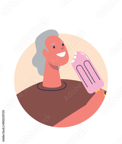 Elderly woman eating fruit ice-cream