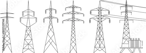 Electrical transmission towers set, power pylons collection, high voltage line structures, energy infrastructure, utility grid design, engineering illustration