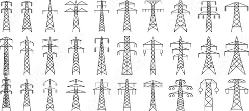 Electricity pylon vector set, high-voltage transmission towers, power line infrastructure icons, utility grid structures, engineering illustration elements for design