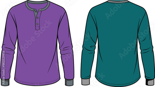 Henley shirt front and back view, casual long sleeve fashion, purple and teal color, men’s apparel, cool weather clothing
