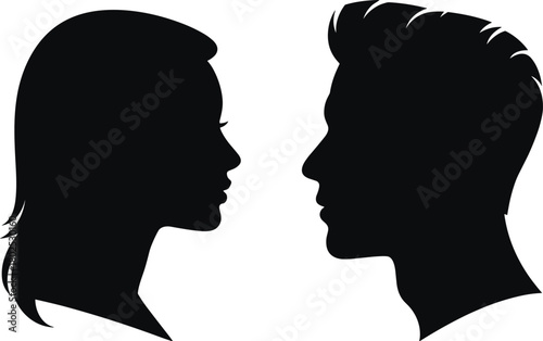 Human profile silhouettes facing each other, black and white minimal design, identity concept, psychology, relationship illustrationHuman profile silhouettes facing each other