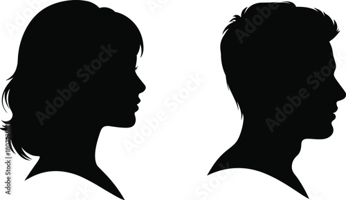 Human profile silhouettes facing each other, black and white identity concept, psychology, gender contrast, interpersonal design illustration