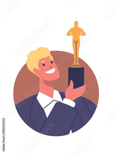 Businessman holding golden statuette reward