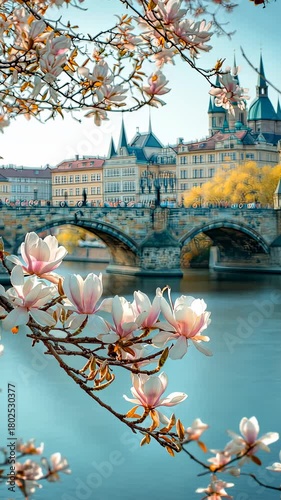 Swans on the river against the backdrop of the Charles Bridge in Prague. Selective focus. Nature.